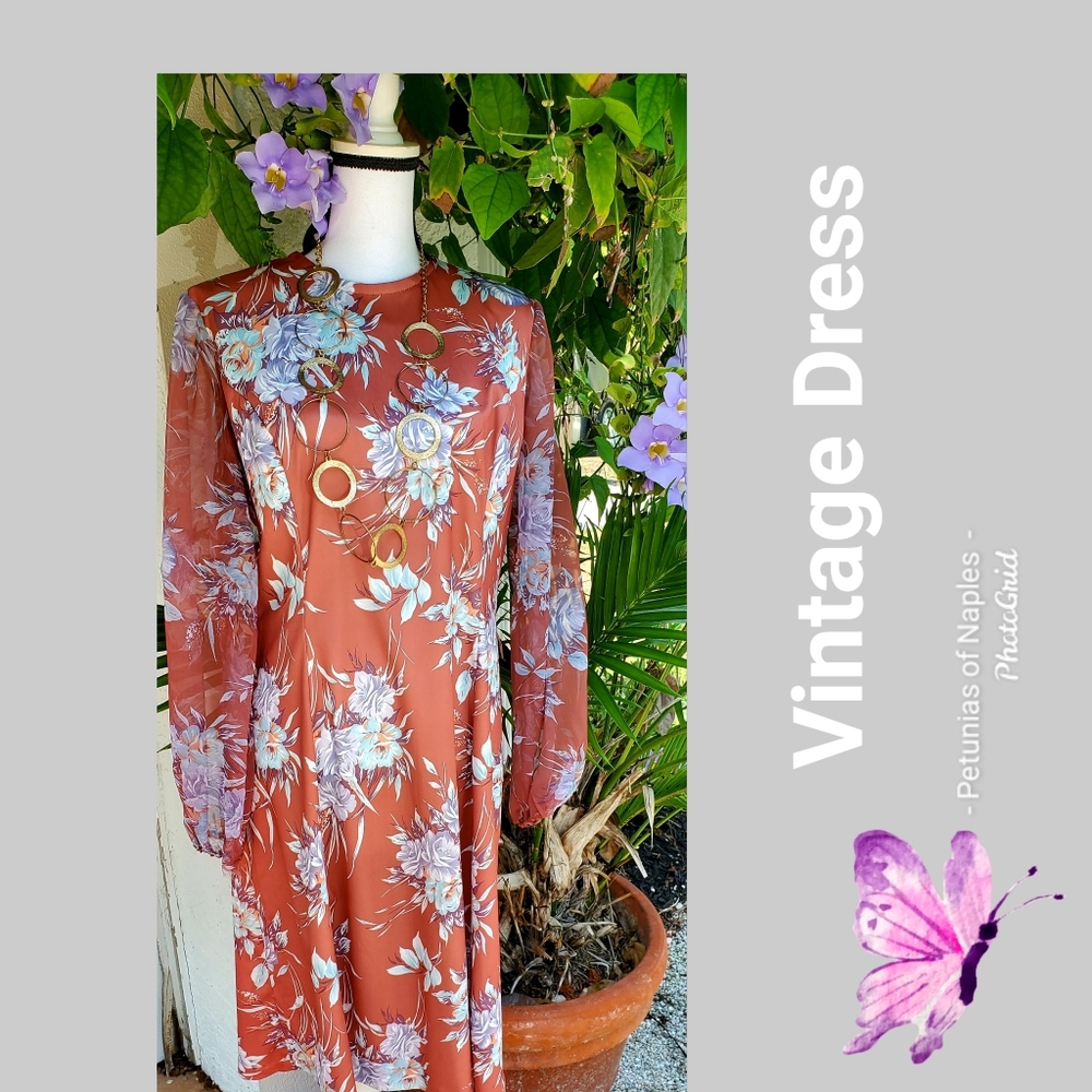 Vintage Floral Dress with Sheer Printed Sleeves